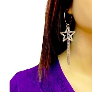 Silver Stars Dazzling Long Tassel Chains Hoop Earrings NEW